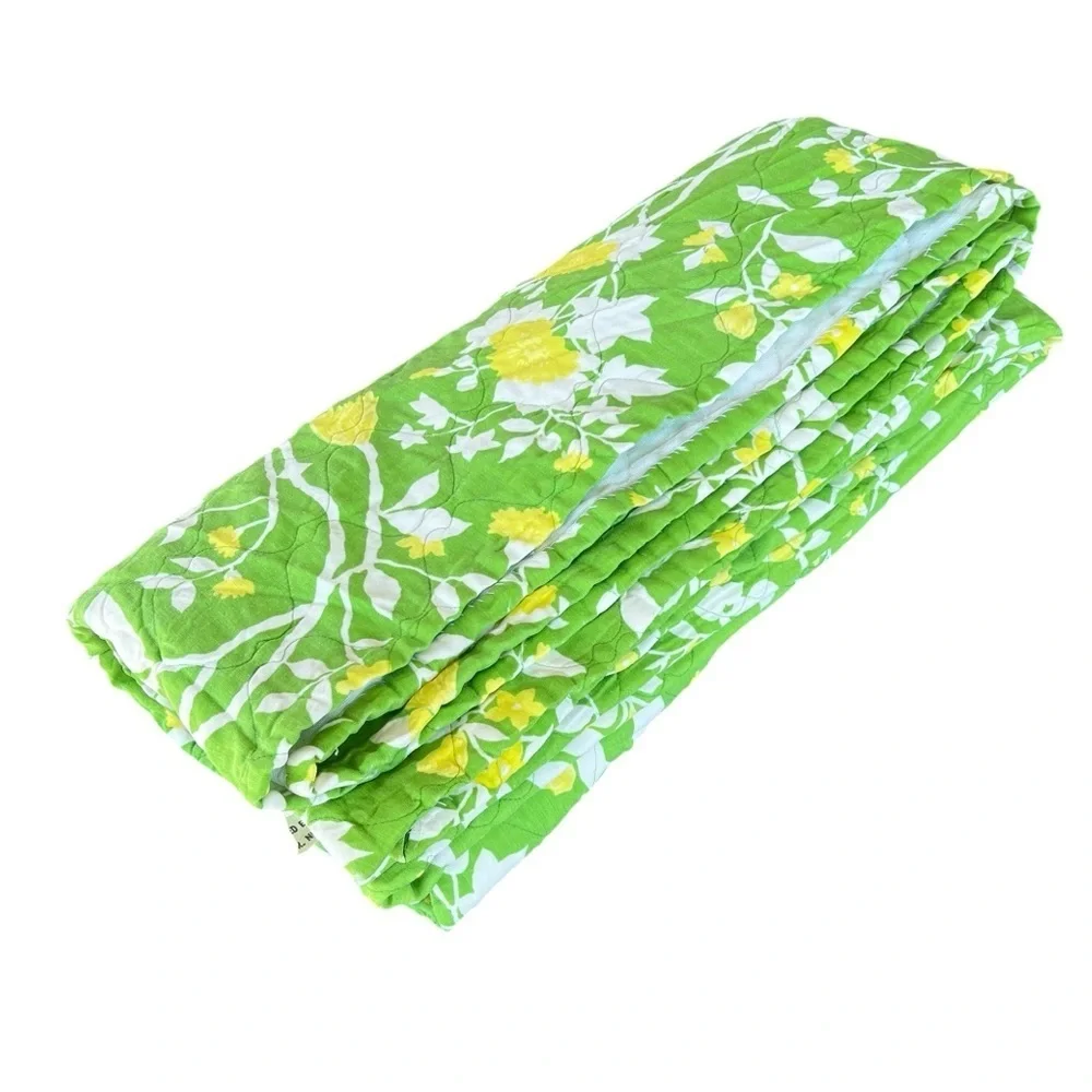 Vintage MCM Quilted Coverlet Bedspread Retro Floral Green Yellow 96x102 GUC